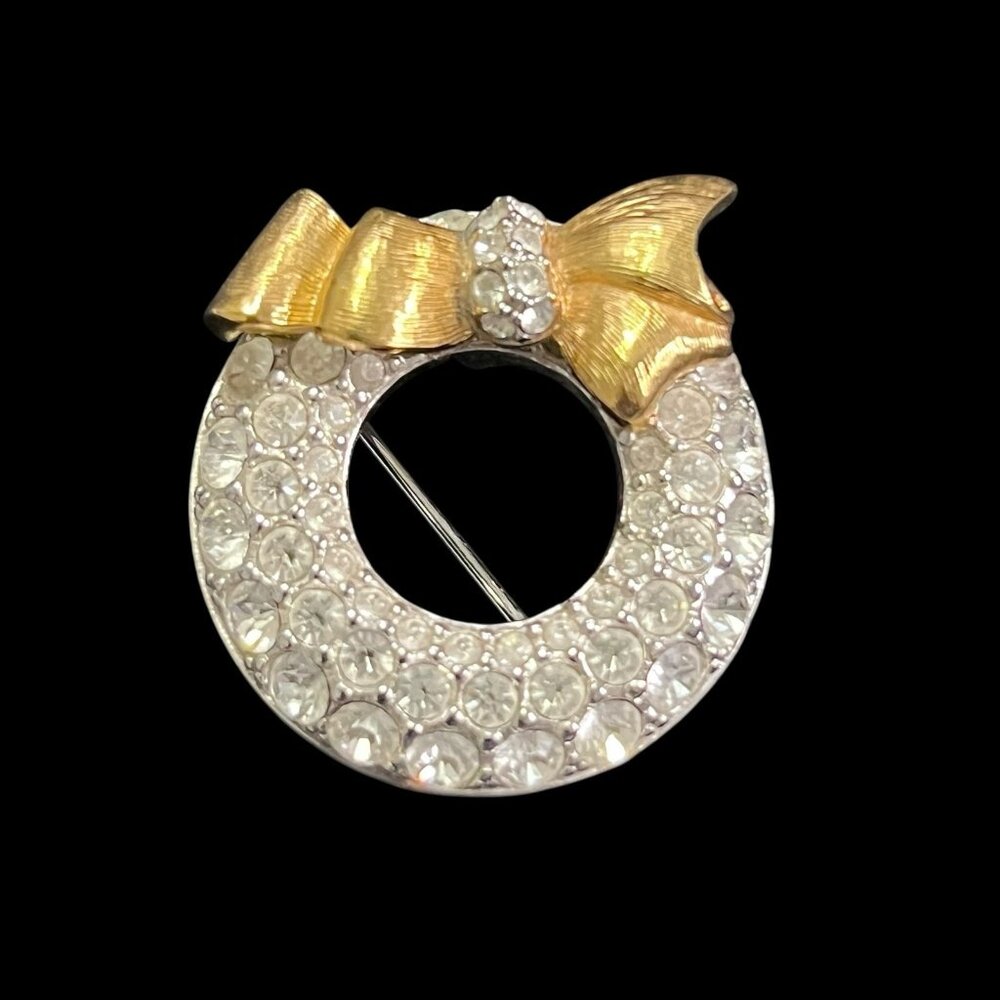 Swarovski Wreath Brooch Rhinestone Gold Tone Bow Swan Signed